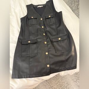 Black Sleeveless Leather dress with Gold Buttons